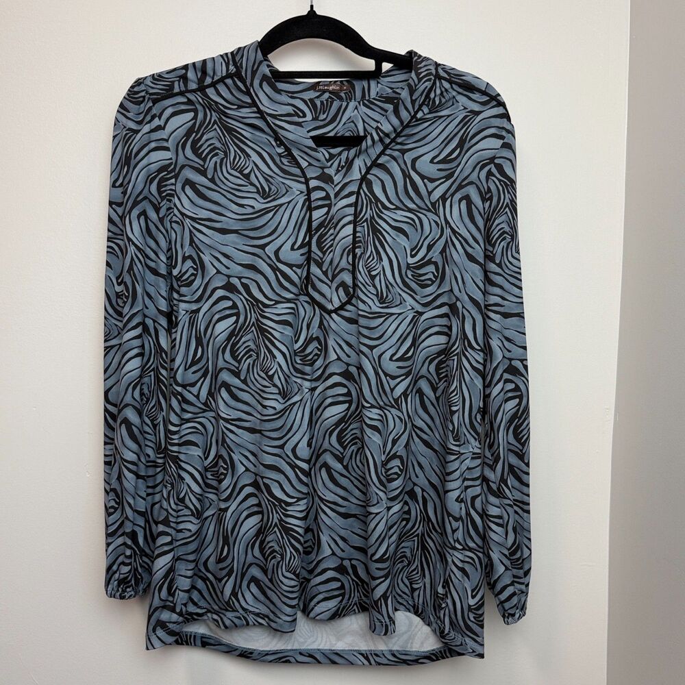 J. McLaughlin Womens Medium Long Sleeve Tunic Top Blue Back Abstract Zebra Print